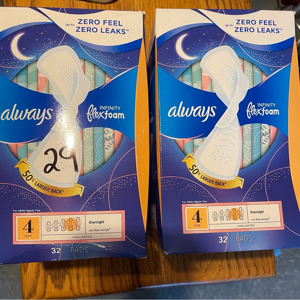 Always Infinity FlexFoam Overnight Pads - size 4. One 32 Other 29 pads sealed